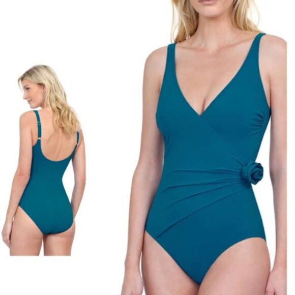 GOTTEX Teal Rose Bud V Neck Surplice Style One Piece Swimsuit NWT Sz 8 - Picture 1 of 6